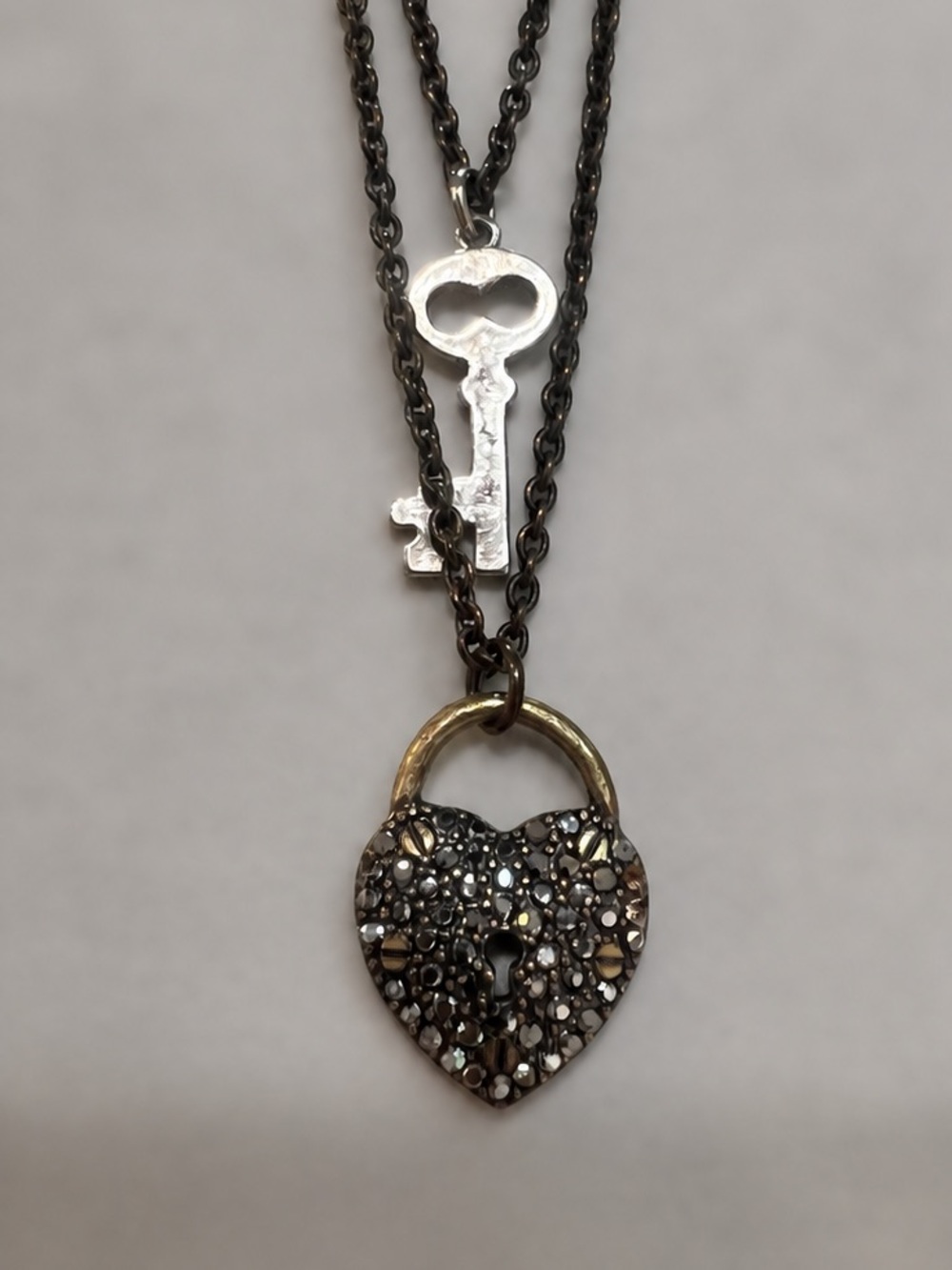 Betsey Johnson Black and Gold Heart Padlock with Silver Key Layered Necklace